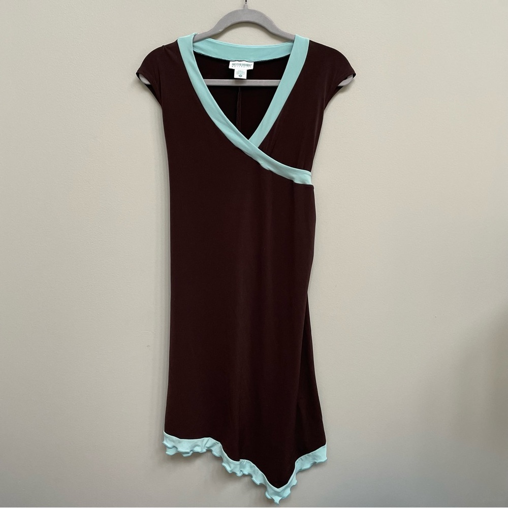 Motherhood Maternity Brown & Turquoise Cap Sleeve Dress Asymmetrical Hem
